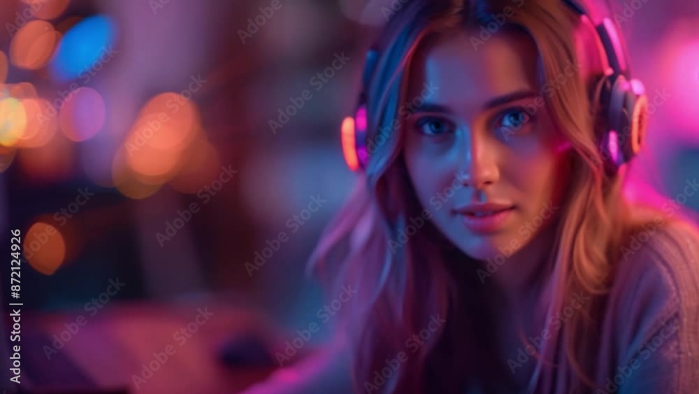 This young woman with long blonde hair is wearing headphones and looking directly at the camera. This young woman with long blonde hair is wearing headphones and looking directly at the camera.
