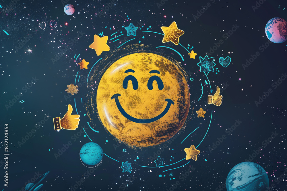 A smiling face with stars surrounding it A smiling face with stars surrounding it