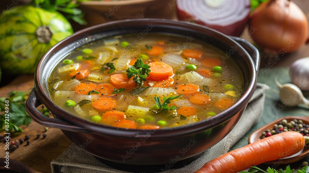 A bowl of soup with carrots and peas