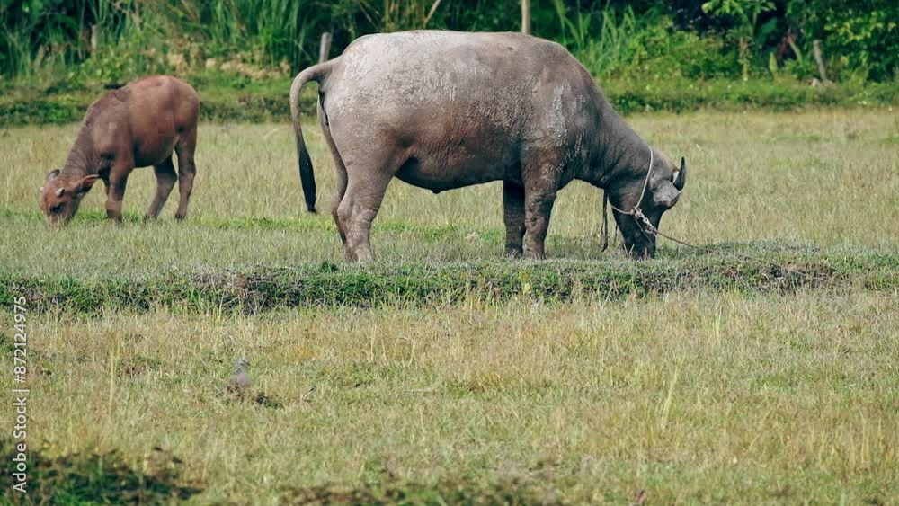Thai buffalo eating grass in the rice field after harvest, asian live stock. video footage Thai buffalo eating grass in the rice field after harvest, asian live stock. video footage
