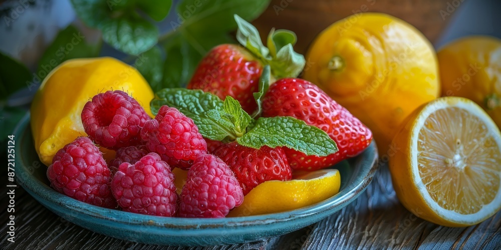 Fresh Fruit Bowl with Raspberries, Strawberries, and Lemons Fresh Fruit Bowl with Raspberries, Strawberries, and Lemons