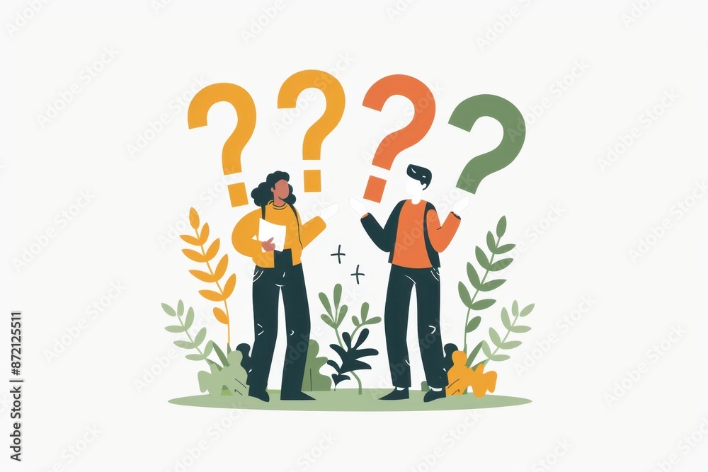two people holding question marks in their hands, white background, simple design with thick lines and shapes and low details Generative AI two people holding question marks in their hands, white background, simple design with thick lines and shapes and low details Generative AI