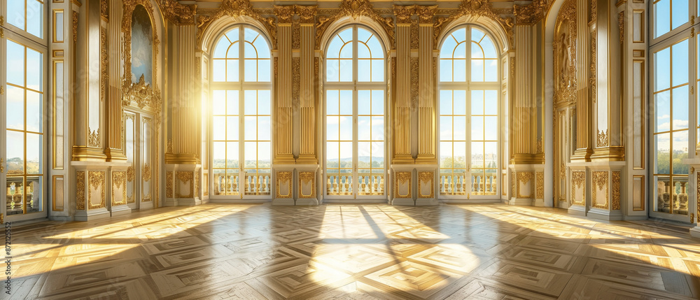 Fototapeta premium Luxurious Baroque ballroom with ornate golden decorations and large arched windows.