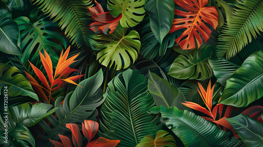 A lush green jungle with a variety of plants and flowers