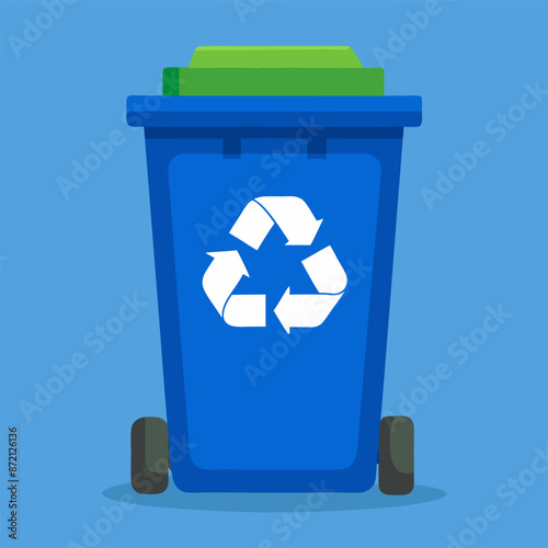 A blue recycling bin with a green lid and wheels on a blue background