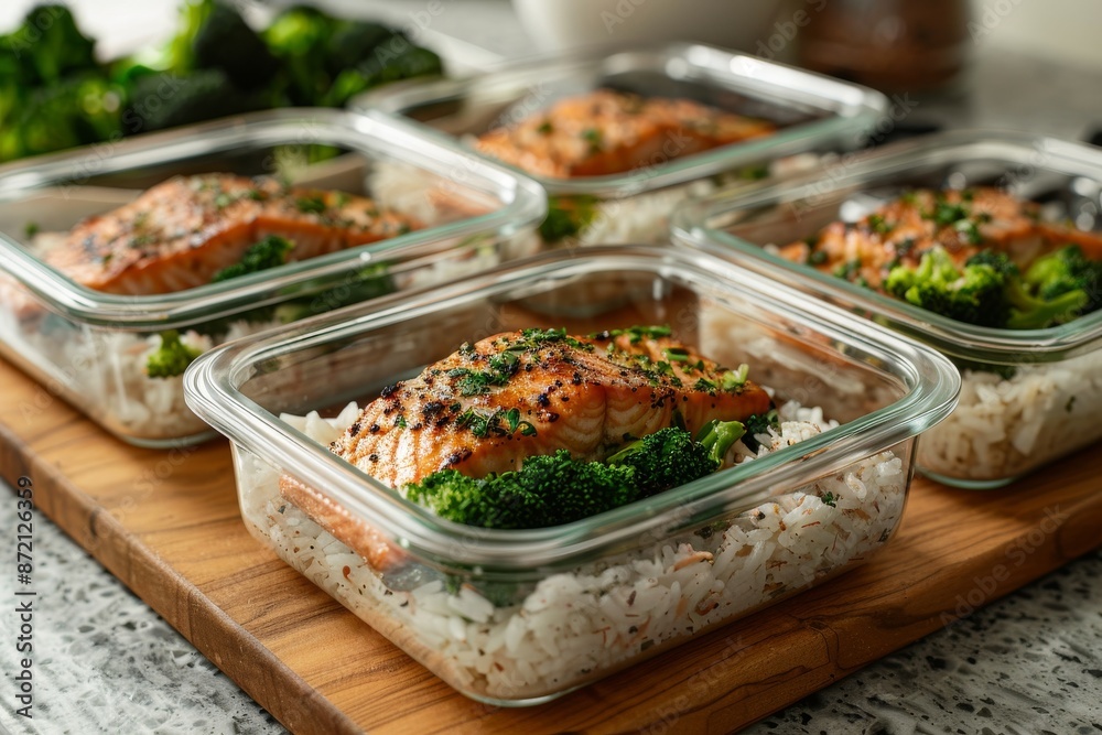 Asian dish. Fried salmon with rice and vegetables. Sprinkled with sesame seeds. Front view. Natural background. Asian dish. Fried salmon with rice and vegetables. Sprinkled with sesame seeds. Front view. Natural background.
