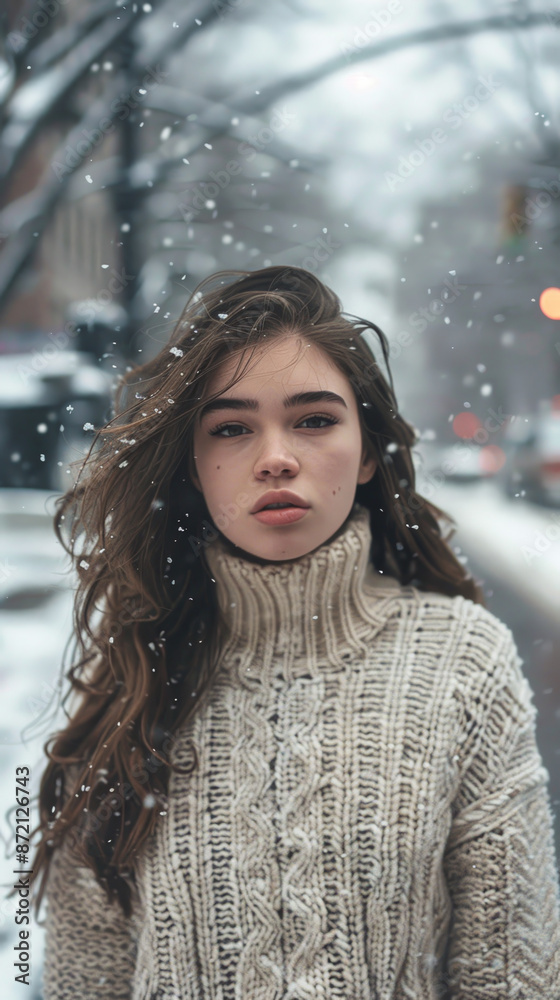 A woman with long hair is standing in the snow wearing a white sweater