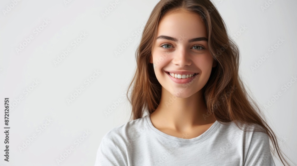 Smiling woman in stylish t-shirt on white background Smiling woman in stylish t-shirt on white background