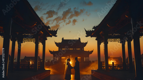 
Romantic newlywed Chinese couple in Hanfu enjoying fireworks in front of ancient Chinese architecture at night, love story and cultural attire.