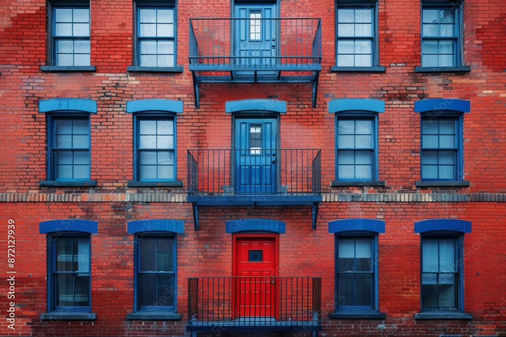 Obraz premium Urban Brick Building with Blue and Red Accents