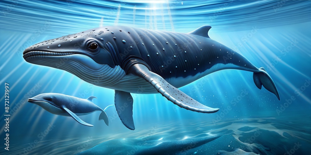 Fototapeta premium The image features a mother and baby blue whale swimming in the ocean. The sun is shining brightly, creating a beautiful and serene atmosphere Generate AI