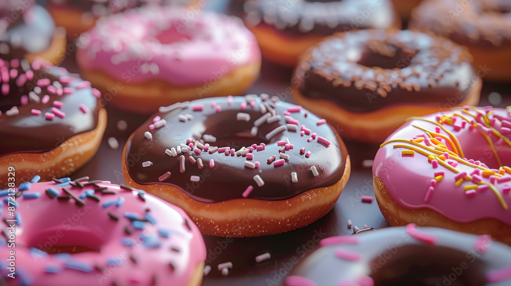 A row of donuts with sprinkles on top A row of donuts with sprinkles on top