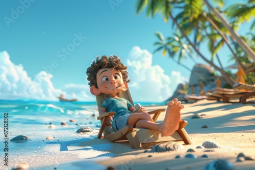 Animated Boy Relaxing on Tropical Beach © Sandu