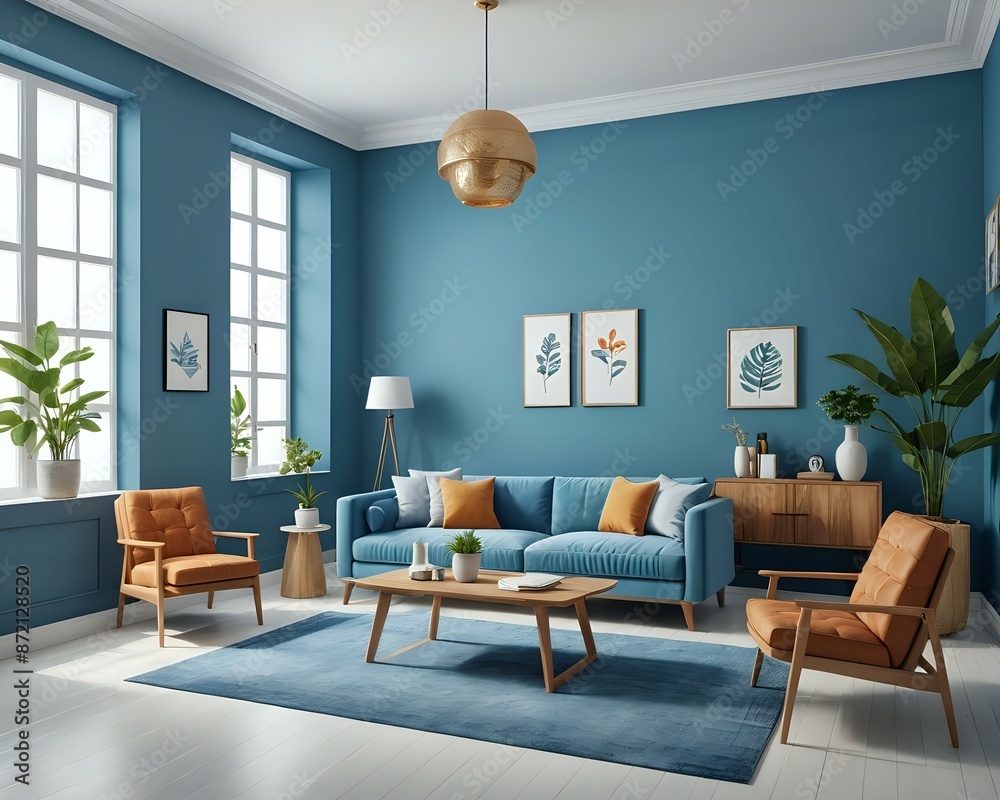 Fototapeta premium Stylish living room interior with blue walls, a blue sofa, and a blue rug.