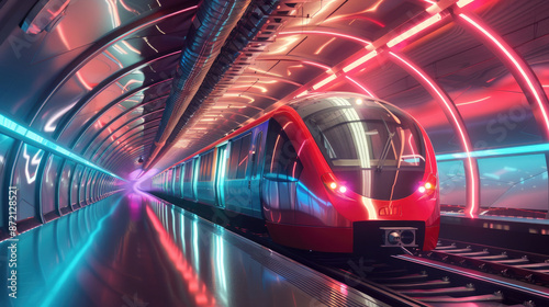 Sleek Red Metro Train in Modern Underground Terminal