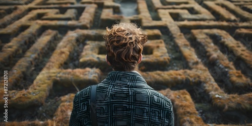 Individual finding way through difficult labyrinth. Concept Challenging Maze, Problem Solving, Labyrinth Escape, Strategy Tactics, Searching for Answers