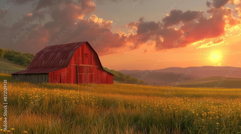 Barn surrounded by fields at sunset, digital illustration, , serene summer landscape Barn surrounded by fields at sunset, digital illustration, , serene summer landscape