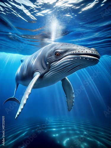  The image features a mother and baby blue whale swimming in the ocean. The sun is shining brightly, creating a beautiful and serene atmosphere Generate AI