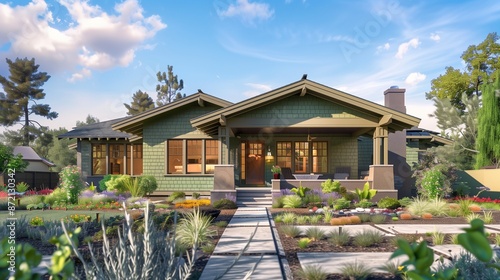 Classic front design of a Craftsman bungalow with olive green siding, a wide front porch, and a beautifully landscaped yard with native plants. photo