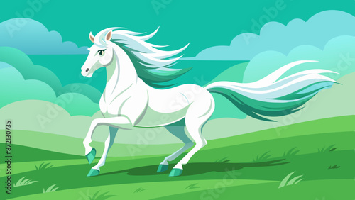 illustration vector of white horse in the green field, cartoon background