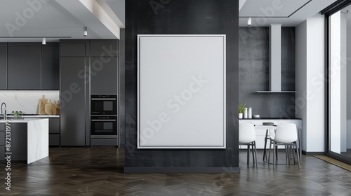 Clean minimalist empty canvas in a modern kitchen with sleek appliances and minimalist design, white frame, perfect for culinary-themed art and ad mockups. © SardarMuhammad