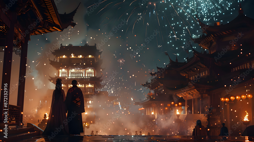 Obraz premium Romantic newlywed Chinese couple in Hanfu enjoying fireworks in front of ancient Chinese architecture at night, love story and cultural attire.