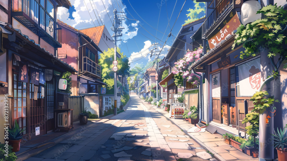 A Japanese street depicted in an anime style. A Japanese street depicted in an anime style.