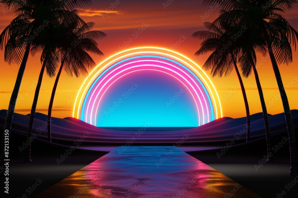 Naklejka premium Vibrant Sunset with Neon Rainbow Arch and Palm Trees Over Serene Beach