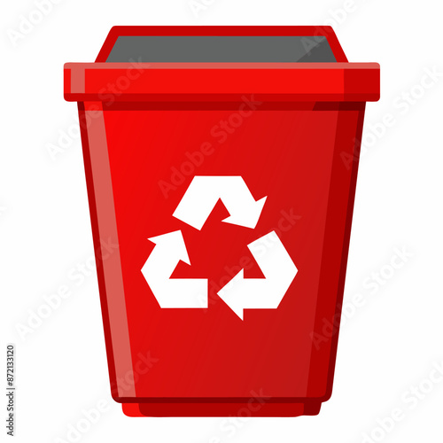 A red trash can with a recycling symbol on it, standing out