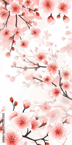 A beautiful pink and white floral print with a tree branch and pink blossoms