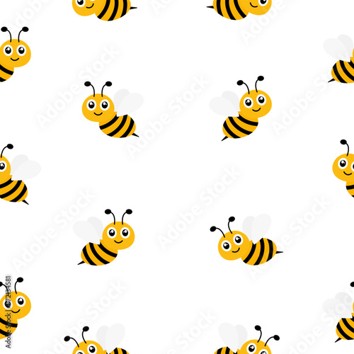 Seamless pattern happy flying bees. Cartoon bees with big eyes. Vector illustration on white background.
