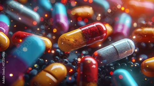 Colorful Capsules with Abstract Background - Generative AI photo