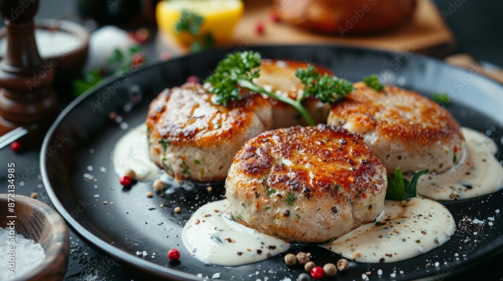 French cuisine. Pozharsky cutlets with foie gras, sour cream sauce. French cuisine. Pozharsky cutlets with foie gras, sour cream sauce.