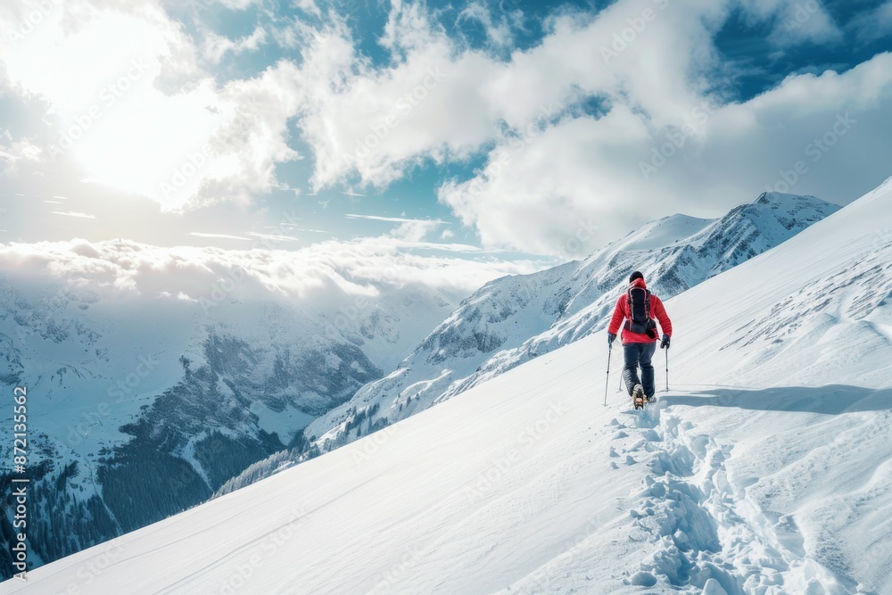 Hiker trekking snowy mountain in the winter Hiker trekking snowy mountain in the winter