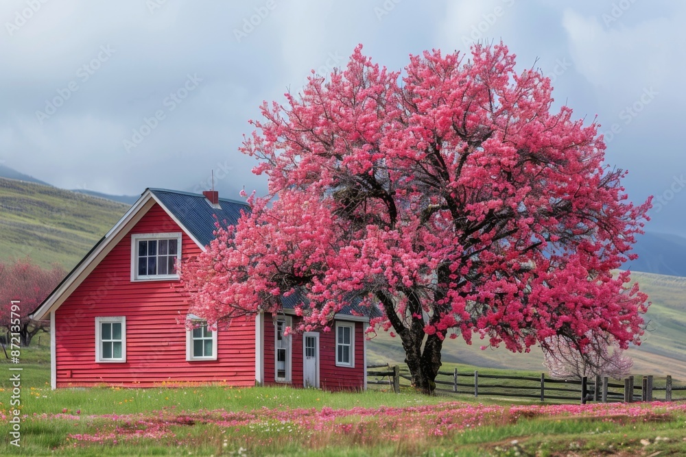 Naklejka premium Red House with Pink Blossoming Tree
