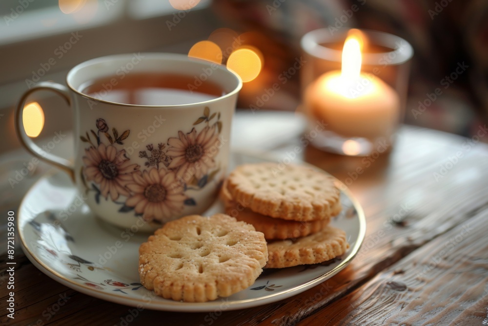 Cozy Afternoon Tea with Biscuits and Candle Cozy Afternoon Tea with Biscuits and Candle