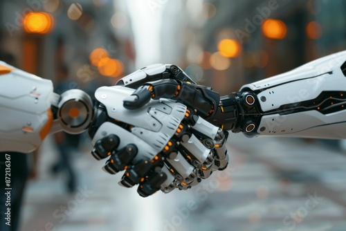 Robotic Handshake in Futuristic Urban Setting