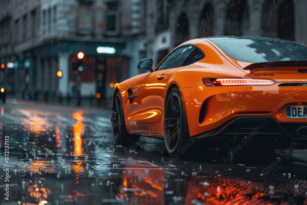 Orange Sports Car on Wet City Street Orange Sports Car on Wet City Street