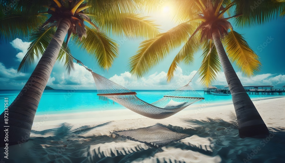Fototapeta premium Hammock Strung Between Two Palm Trees on a Pristine