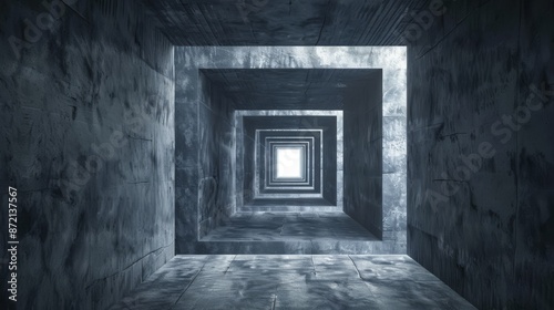 A surreal, infinite concrete tunnel with multiple rectangular frames leading to a distant light. The gray, textured walls and geometric patterns evoke a sense of claustrophobia and isolation