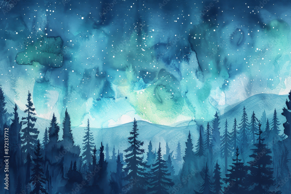A painting of a forest with a blue sky and stars A painting of a forest with a blue sky and stars