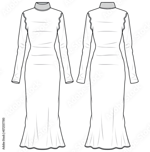 Women high neck bandage column knit dress design flat sketch fashion illustration with front and back view, long sleeve turtle neck bodycon dress drawing vector template