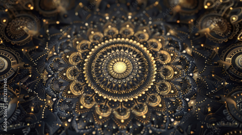 A gold and black flowery design with a large circle in the center A gold and black flowery design with a large circle in the center