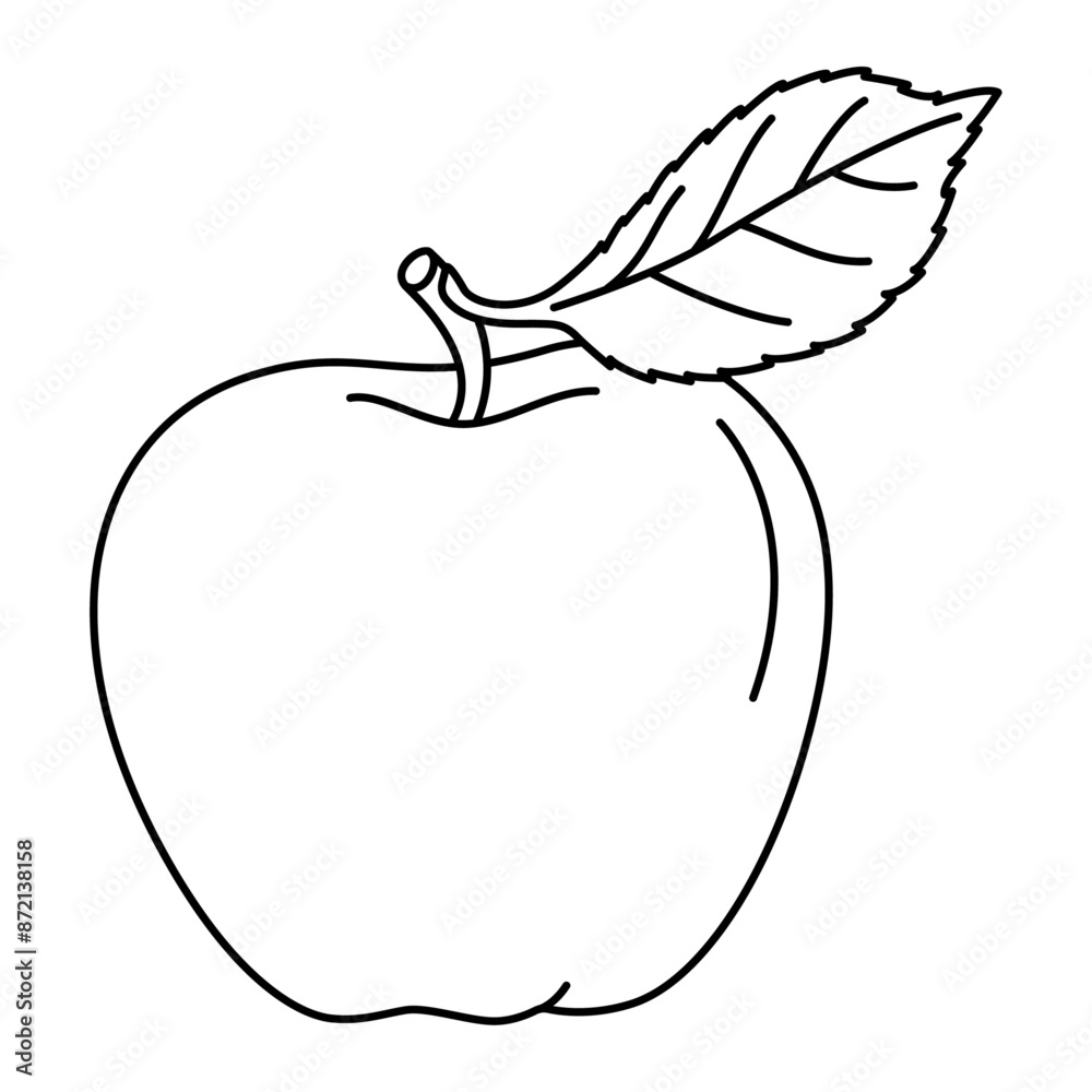 Apple with a leaf line art drawing coloring page. Ripe apple black and ...