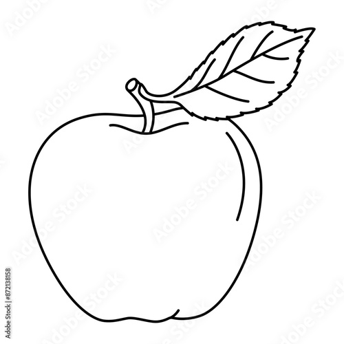 Apple with a leaf line art drawing coloring page. Ripe apple black and white vector illustration. Hand drawn doodle style.