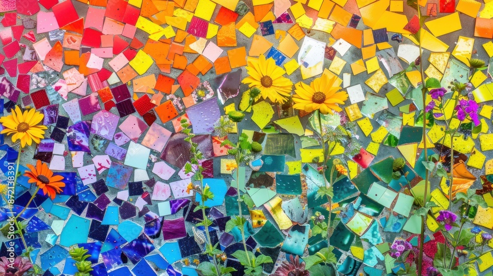 Rainbow Mosaic with Blooming Flowers