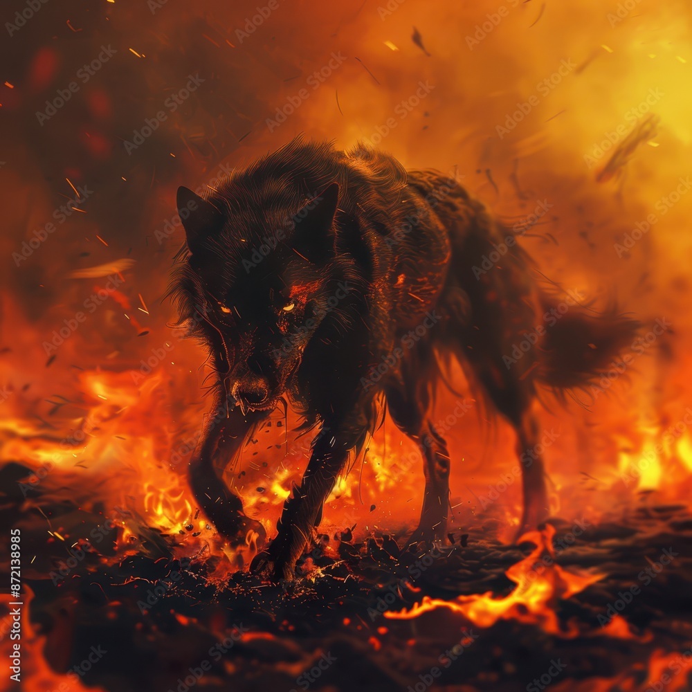 a wolf in the fire with flames and smoke a wolf in the fire with flames and smoke