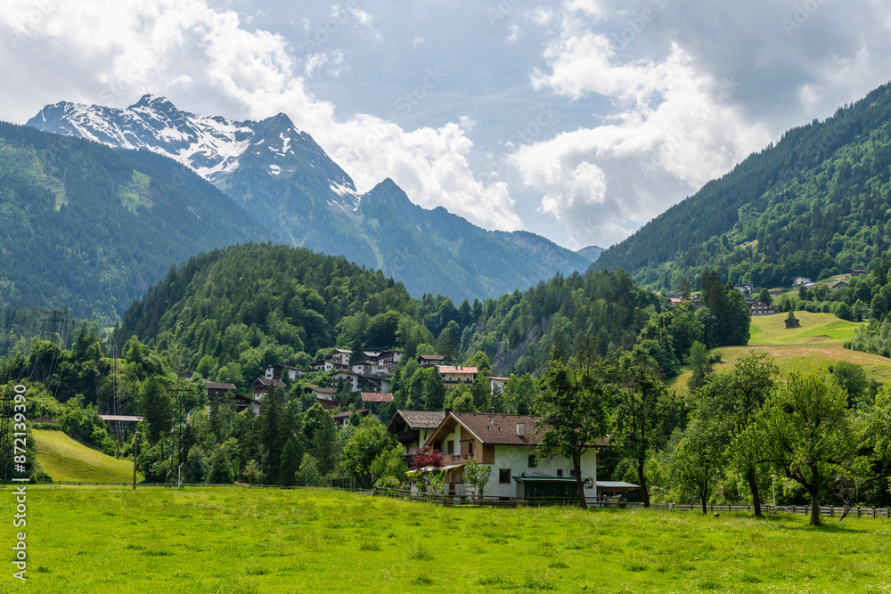 Fototapeta premium Mountains and ski resorts viewed from the village of Mayrhofen in Austria, Europe