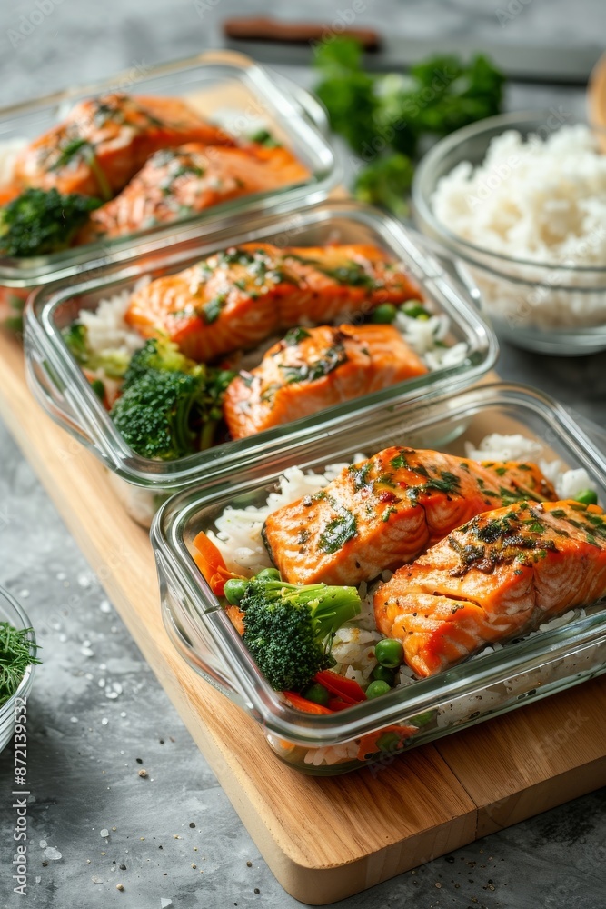 Asian dish. Fried salmon with rice and vegetables. Sprinkled with sesame seeds. Front view. Natural background. Image for cafe menu, Banner Asian dish. Fried salmon with rice and vegetables. Sprinkled with sesame seeds. Front view. Natural background. Image for cafe menu, Banner