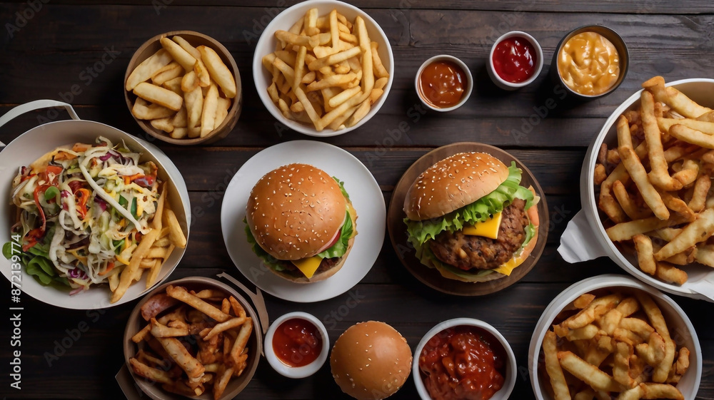Top view of various takeout or delivery foods like hamburgers, pizza, fried chicken, and sides on a dark wooden background with ample copy space image Top view of various takeout or delivery foods like hamburgers, pizza, fried chicken, and sides on a dark wooden background with ample copy space image
